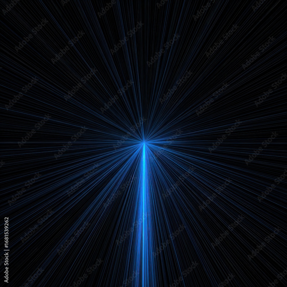 Poster blue light rays emanating from a central point on black background abstract perspective view digital