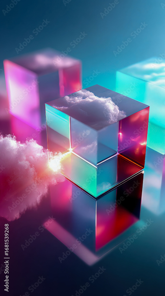 Aufkleber vibrant glowing cubes with embedded clouds and neon reflections on a glossy surface