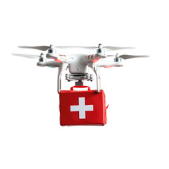 Medical drone delivering first aid kit isolated on transparent background