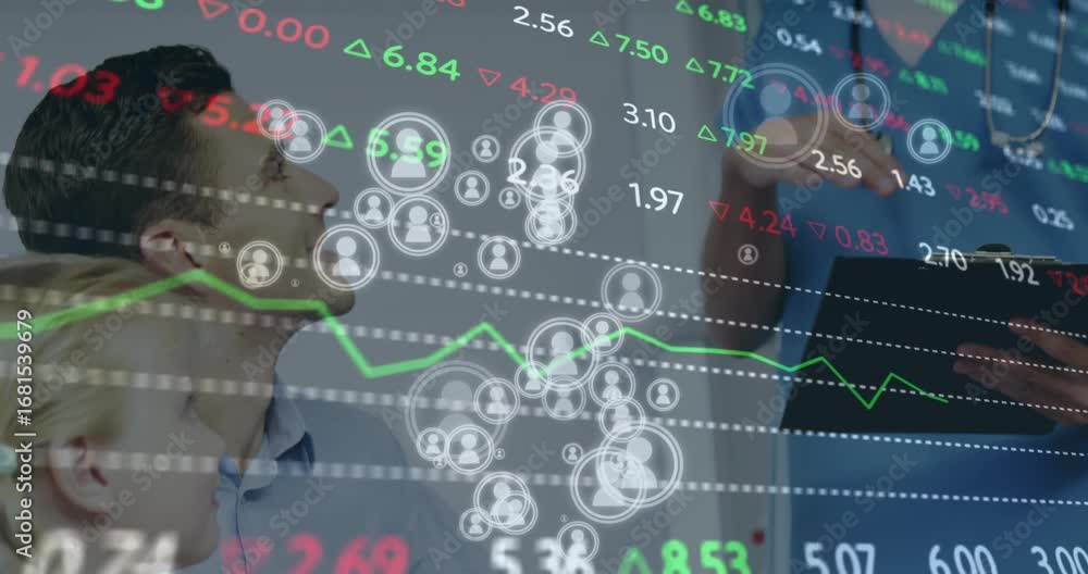 Poster animation of falling numbers and security shield over man using computer