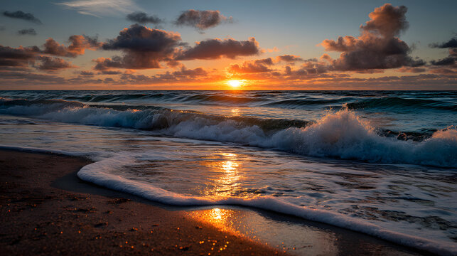 A vibrant sunset casting golden reflections on the oean waves, with a sandy bech in the foreground.