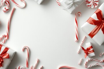 Obraz premium Festive christmas candy cane and gift border with pine cones and snowflakes
