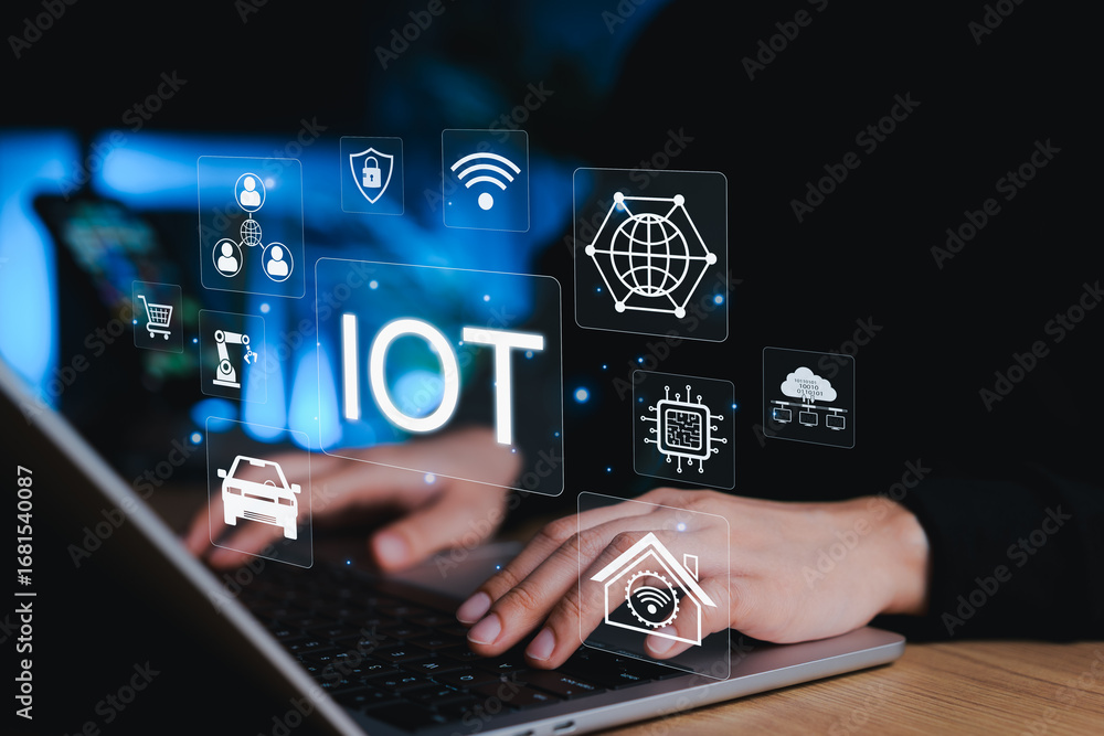 Poster internet of things (iot) concept. person using laptop with digital iot icons representing smart tech