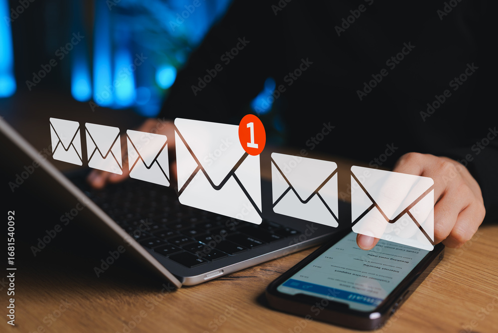 Poster new email notification concept. person checking inbox smartphone and laptop with envelope icons repr