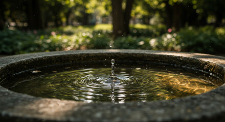 Peaceful water droplet creating ripples in stone fountain on a sunny day for meditation and zen