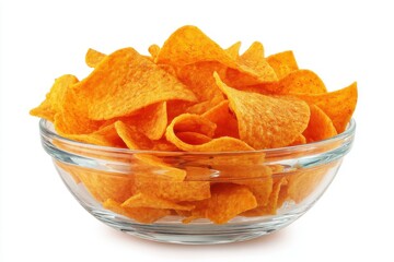 Isolated bowl of tortilla chips on white background studio shot crispy snack food appetizer close up view