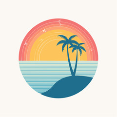 Obraz premium Tropical Island Sunset with Palm Trees and Ocean Waves