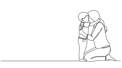 animated continuous single line drawing of mother kneeling on floor hugging her son, line art animation - Powered by Adobe