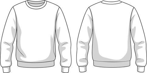 Flat vector illustration of basic crewneck sweatshirt front and back view, casual fashion clothing design template, unisex pullover apparel mockup.