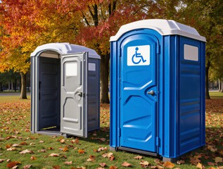 two accessible portable toilets in a scenic park during autumn | outdoor, events, accessibility, environment, leisure theme
