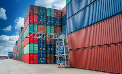 Cargo Container Stack Pile Background in Yard cargo container background at daytime. Logistics...