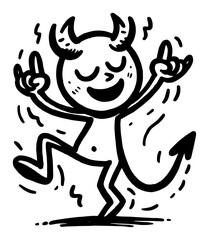 Happy dancing little devil cartoon with horns and tail – playful doodle character