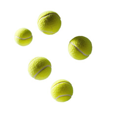 Five yellow tennis balls in motion isolated on transparent background