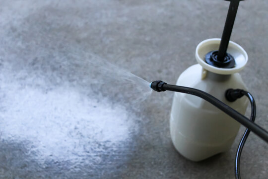 view of a pump or hand sprayer being used to apply a concrete sealer on a driveway or concrete type slab. home improvement background with copy space. seasonal design element