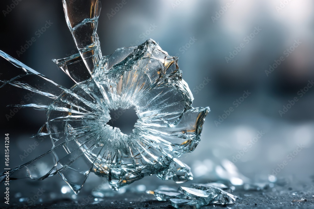 Poster close-up of shattered glass with hole in center on dark surface showing sharp edges and cracks with 