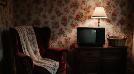 retro living room with floral wallpaper and vintage television | vintage furniture, retro interior, living room design, nostalgia decor, floral pattern theme