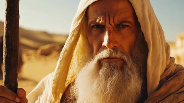 An elderly man with a long beard stands confidently in a sunlit desert, holding a staff and embodying wisdom and strength
