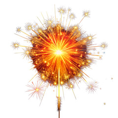 Fototapeta premium A vibrant sparkler with an intense orange and red glow, emitting a dazzling display of golden sparks and light, isolated on a transparent background
