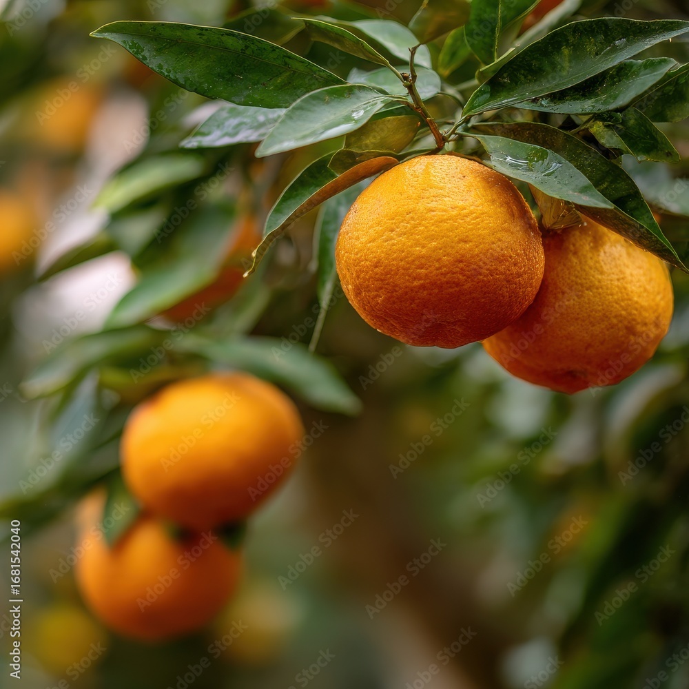 Poster close-up view of ripe oranges hanging on a tree branch in an orchard on a rainy day in a natural set