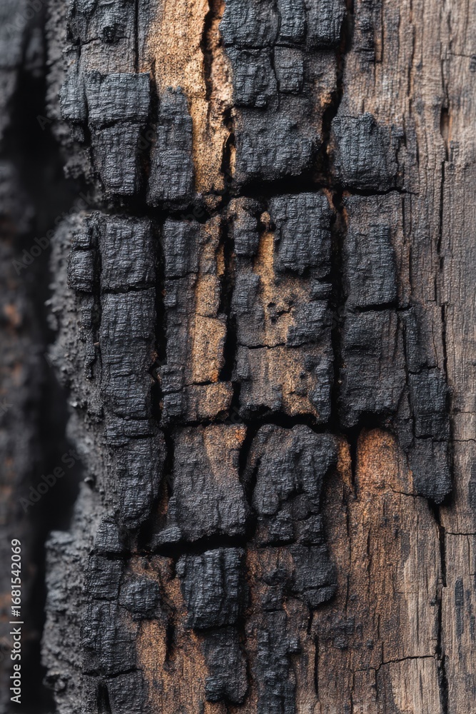 Aufkleber close-up of charred wood texture showing burned surface and underlying grain structure in macro deta