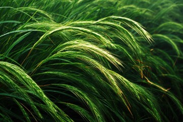 Close-up of Green Foxtail Grass Blades with Water Droplets in a Field, Low Angle, Nature Photography
