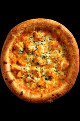 Appetizing Buffalo Chicken Pizza Overhead Shot on Black Background Delicious Meal Freshly Baked