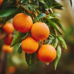 Close up of ripe oranges hanging on a tree branch in an orchard with water droplets after rain