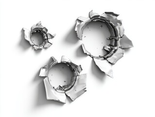 Three bullet holes in white wall close up abstract studio shot concept of violence and damage impact