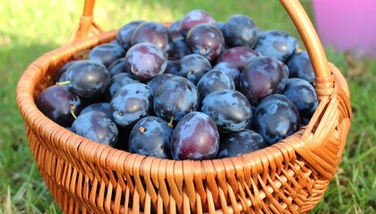 Plums in a wicker basket on grass