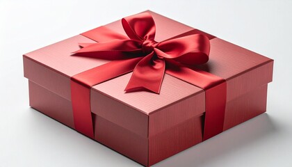 Obraz premium Glossy red rectangular gift box with matching ribbon bow on top, neatly wrapped for festive celebration against plain background.