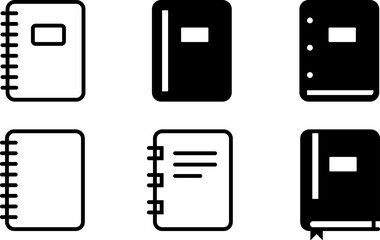 Set of black notebook icons in different styles, including spiral bound, closed covers, and minimal line designs. Perfect for education, stationery, and office design concepts.
