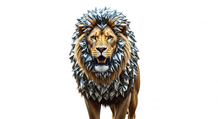 A majestic lion with a mane made of sharp, metallic crystals walks forward on a clean white background.