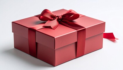 Obraz premium Glossy red rectangular gift box with matching ribbon bow on top, neatly wrapped for festive celebration against plain background.