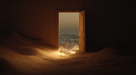 A muted, warm-toned interior scene shows a room filled with sand, with a doorway opening to a vast ocean at sunset