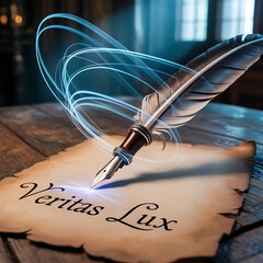 Quill Pen Writing Veritas Lux on Old Parchment with Swirling Light Trails Artistic Concept of Truth and Enlightenment