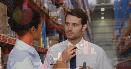 Animation of data processing over people working in warehouse - Powered by Adobe