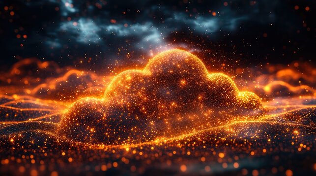 Fiery, glowing cloud over a dark landscape