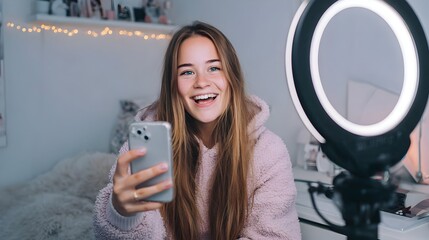 Young content creator filming a vlog with smartphone and ring light, smiling, bright home setup. Concept : Content creation, vlogging, social media, digital lifestyle, influencer setup.