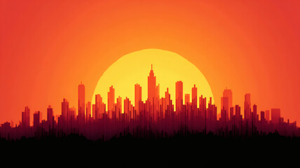 Fototapeta premium Vibrant Sunset Over a City Skyline with Silhouetted Buildings and Warm Color Palette in Digital Art Style