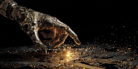 Ornate metallic robot hand hovers over a circuit board, sparks flying