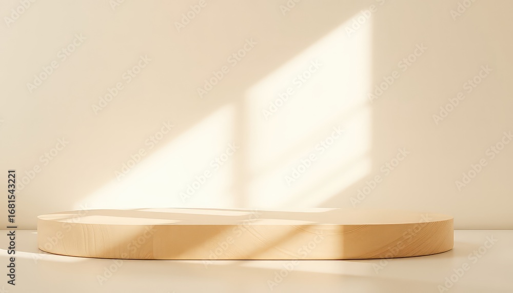Poster minimalist wooden platform with gentle shadows falling across a soft beige backdrop creating a neutr