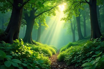 Obraz premium Sun-Dappled Forest Lush Greenery and Magical Atmosphere, Perfect for Nature Documentaries and Travel