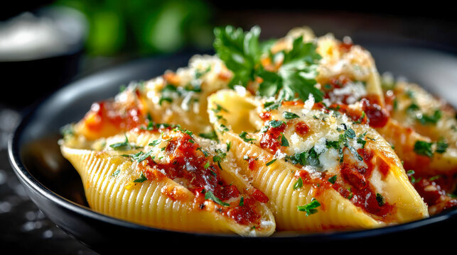 Bowl of stuffed pasta shells with marinara sauce, cheese, and herbs, served as a delicious Italian meal