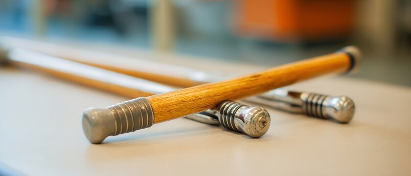 Pair of walking sticks arranged neatly clinic sports rehabilitation support tools physiotherapy recovery props