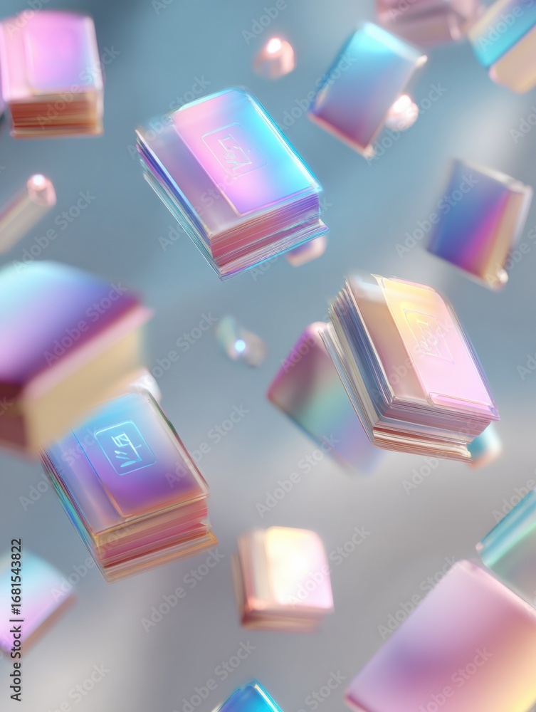 Poster floating holographic books illuminated by soft light create a surreal ambience during an imaginative