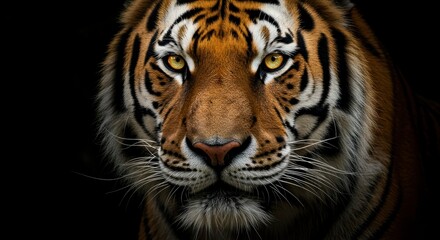 Fototapeta premium Closeup of a tigers face with piercing yellow eyes showcasing its fur pattern and intense gaze against a dark background