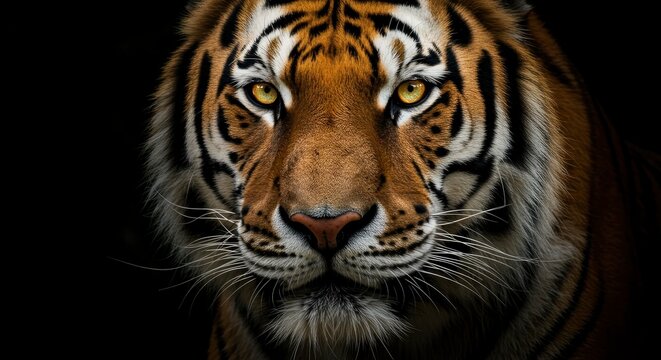 Closeup of a tigers face with piercing yellow eyes showcasing its fur pattern and intense gaze against a dark background - Powered by Adobe