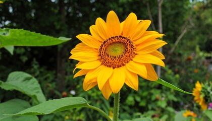 Obraz premium Vibrant yellow sunflower in full bloom, centered against a blurred green garden background