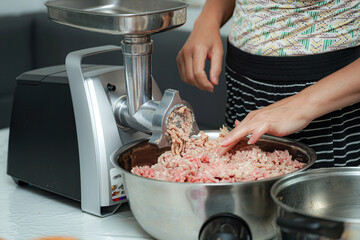 Preparing fresh ground meat with a home meat grinder during a cooking session in a kitchen