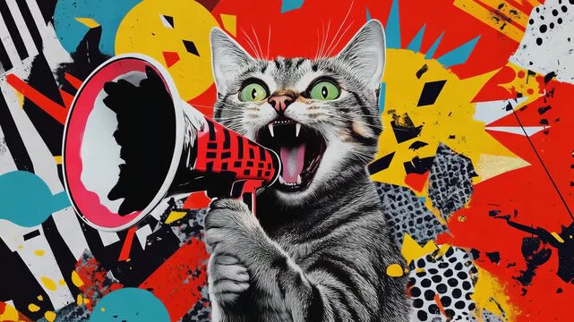 A lively animated cat character enthusiastically uses a megaphone in a colorful urban setting filled with dynamic patterns and shapes
